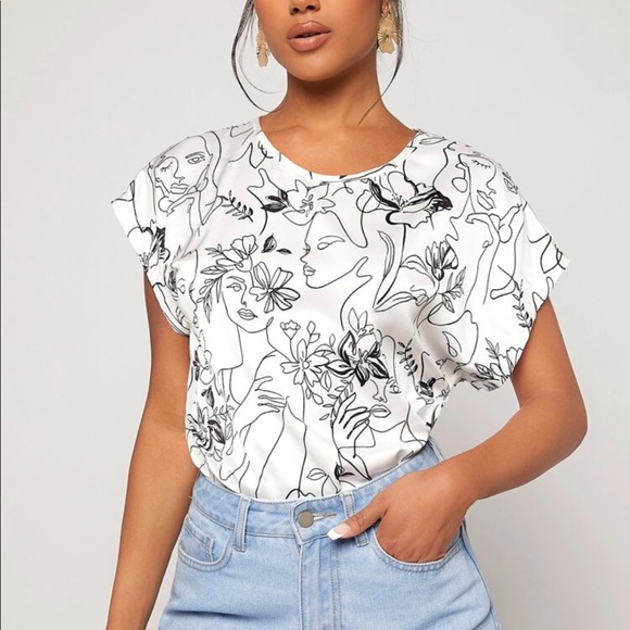Tops - Elegant Classic Abstract Pop Art Floral Print Stain Top Blouse Shirt Black White